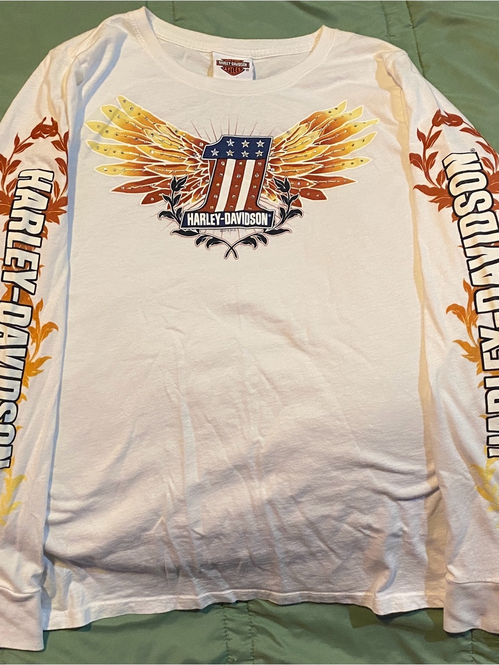 Harley-Davidson White Long Sleeve Tee with American Shield & Flaming Wings